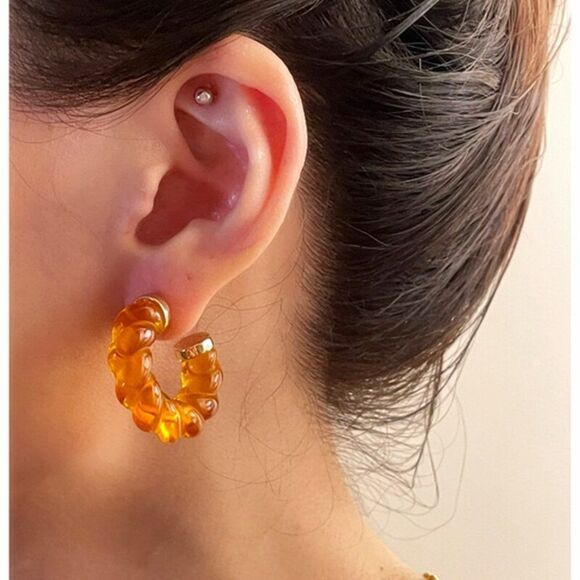 Orange Amber Boho Chunky Acrylic Twisted Hoop Earrings 18K Gold Plated S… - Picture 3 of 6